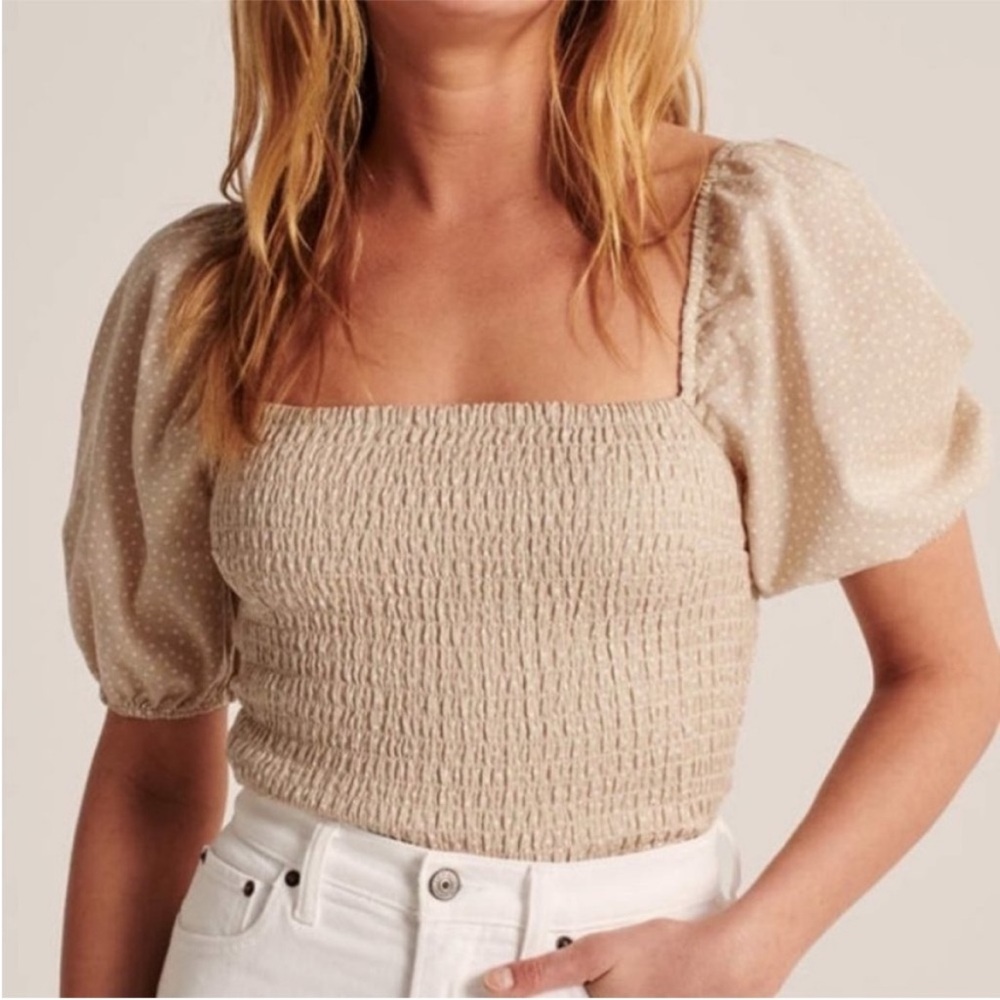 Abercrombie & Fitch Beige Smocked Puff Sleeve Top